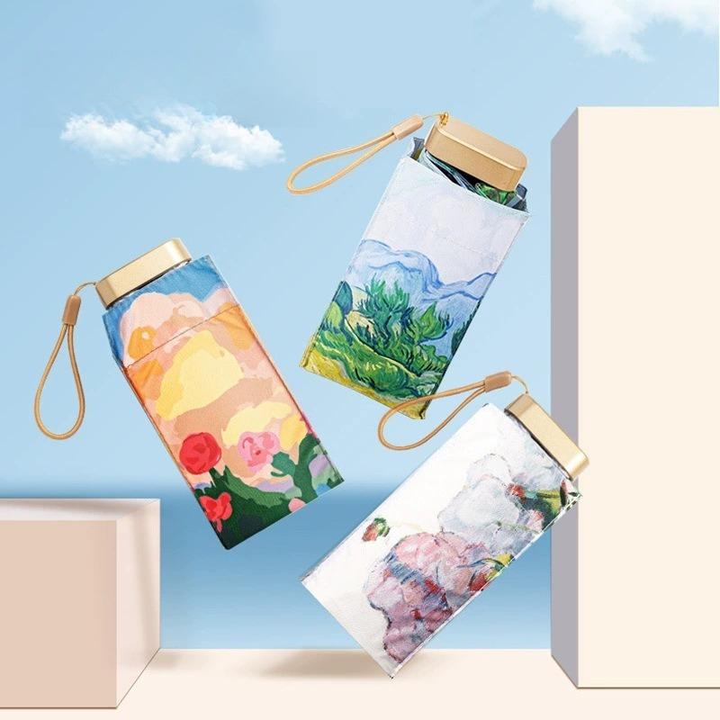 Mini Flat Pocket Umbrella Oil Painting Flower Anti UV Sunscreen Compact Folding Parasol
