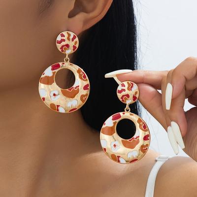 Leopard Print Painted Round Earrings Light Luxury Retro Exaggerated Earrings Fashion Personalized Alloy Earrings