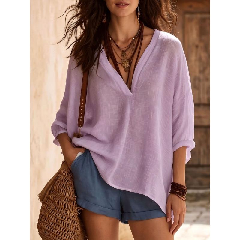 Women V Neck 3/4 Sleeve Linen Cotton Blouse Loose Casual Solid Color Summer Tops