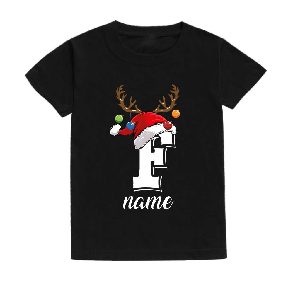 Christmas Kids T Shirt Initial with Name Child Clothes Tops Boy Girl Xmas Party Outfits Children Holiday T-shirt