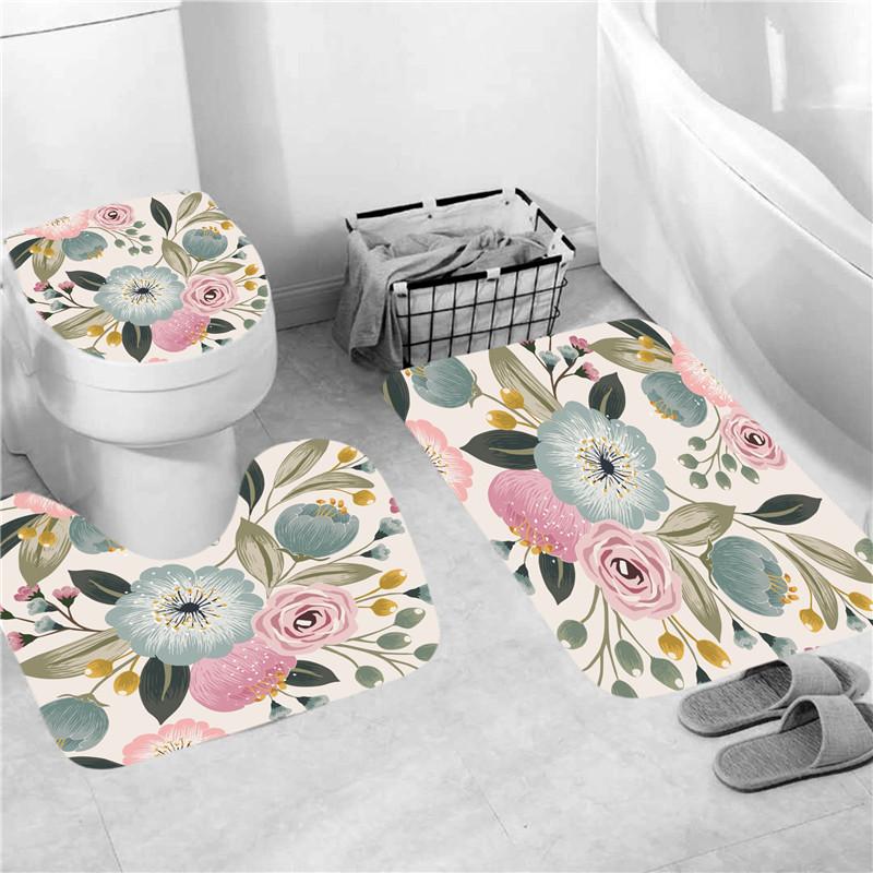 Pink Flowers Rose Elegant Printed Shower Curtain Set Waterproof Women Bathing Bathroom Pedestal Rug Lid Carpet Cortina Ducha