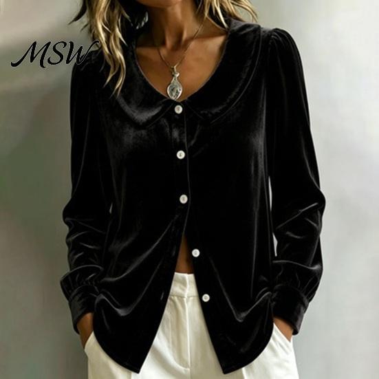 Slim Fit Top Fall Winter Women Velvet Shirt, Regular Button Down Long Sleeve Solid Color Blouse Top, Soft Lapel Collar for Lady