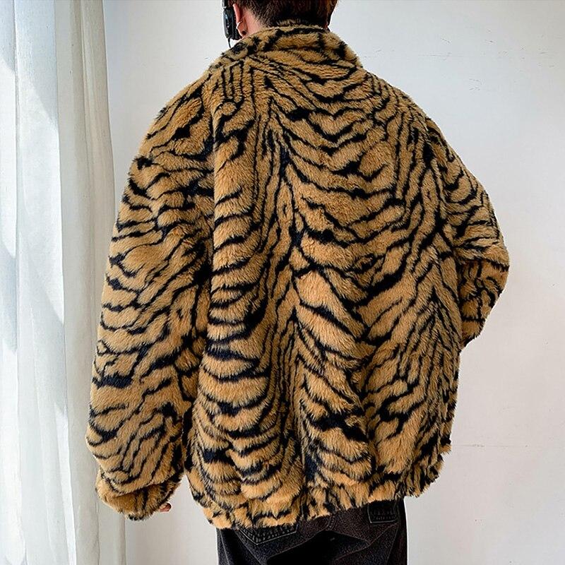 Winter Men Faux Fur Tiger Pattern Coat Jacket Male Fashion Loose Warm Coat Male Streetwear Thicken Outwear