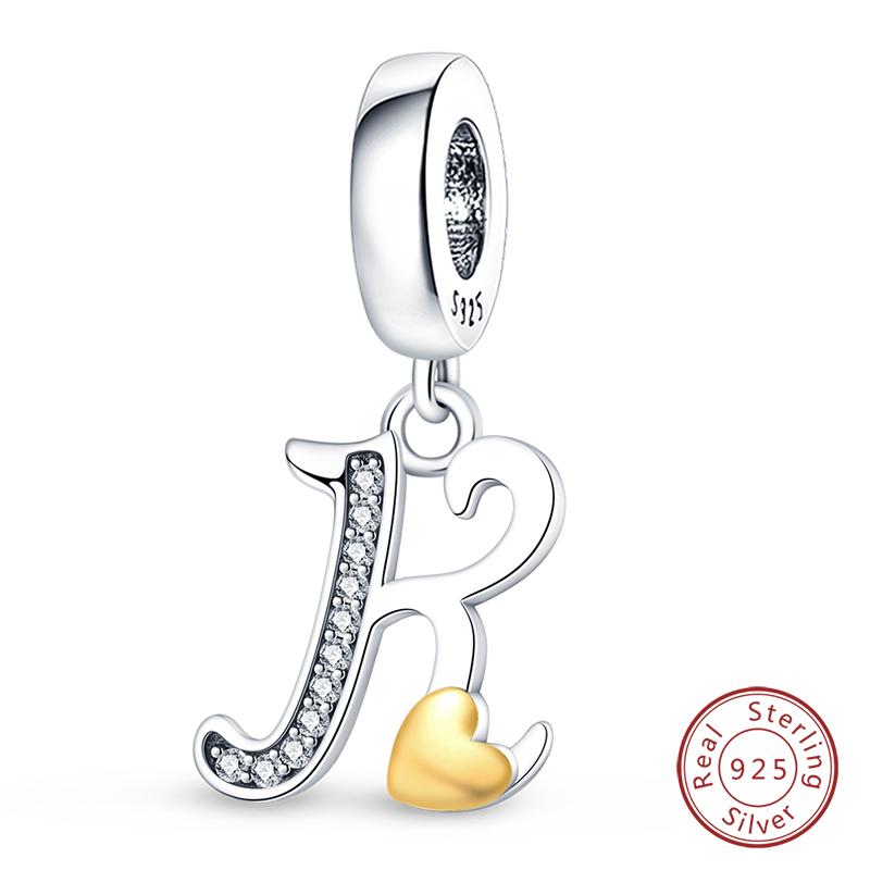 925 Silver Charm Beads Classic Gold Heart-Shaped 26 Letters Pendant For Bracelet DIY Charm Birthday Jewelry