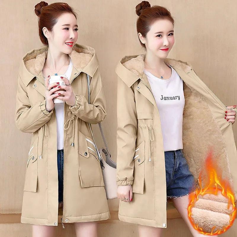 Thicken Windbreaker Women's Long Coat Winter Loose Hooded Jacket Autumn Casual Plus Velvet Female Black Trench Outwear Plus Size