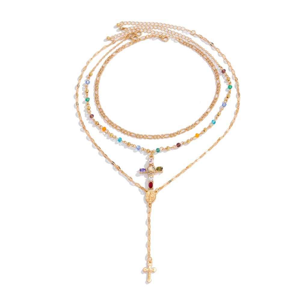 European and American Sense Y-shaped Fringed Necklace Women, Creative Color Double-layer Cross Pendant Collarbone Chain Necklace