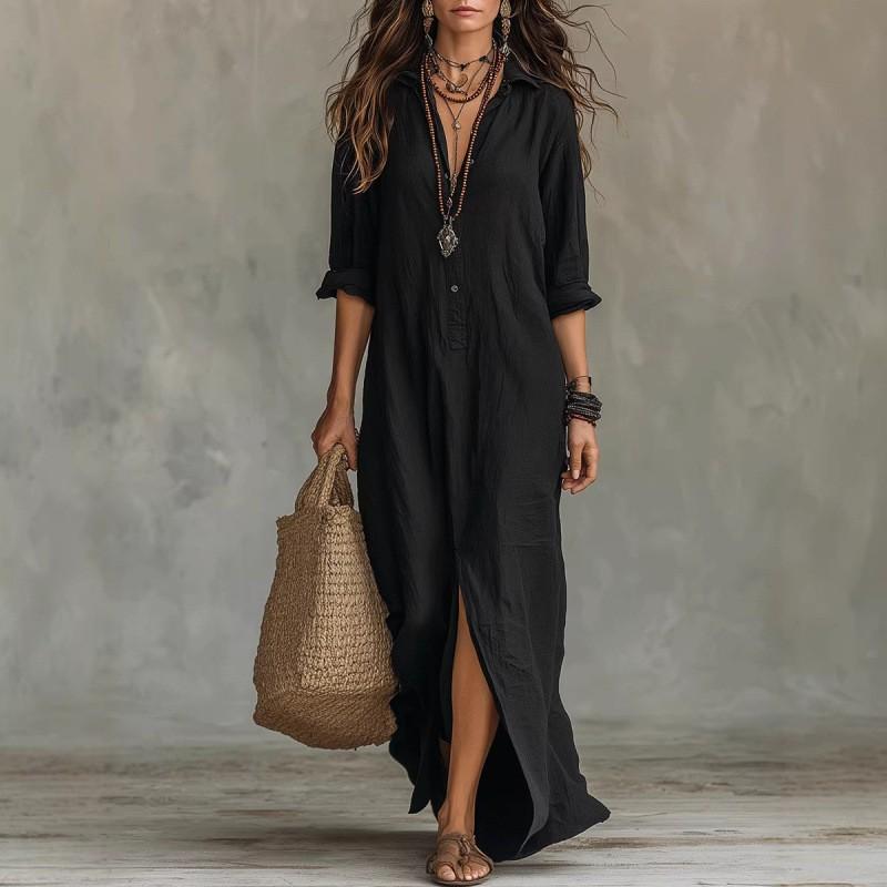 Boho Chic Long Maxi Dress With Shirt Collar Button Front Loose Fit Travel Casual Wear