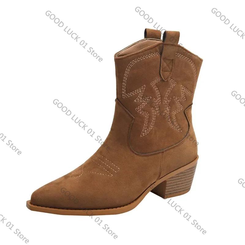 Fashion 2025 New Pointed Coarse Heel Large Western Cowboy Short Boots Embroidered Brown Women's Shoes and Ankle Boots for Women