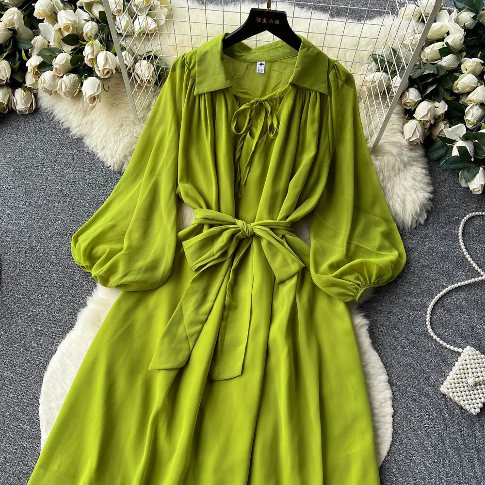 Francouzské šik Maxi šaty pro ženy Sklopný límec Lucerna Rukáv Šněrovací Dámské letní šaty Dámské Vestidos Dropship