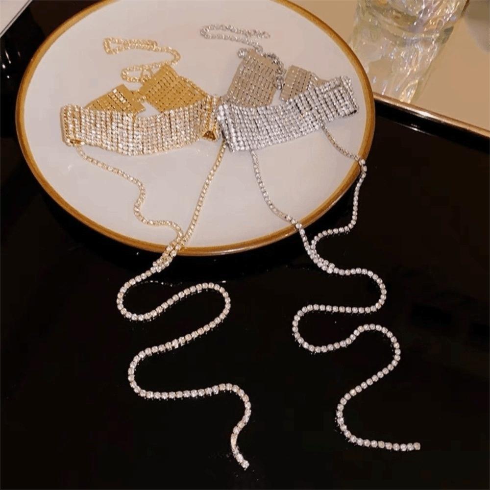 Gold Multi-Layer Necklace Y-shaped Long Choker Cute Rhinestone Necklace  Party