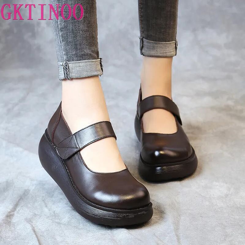 GKTINOO Spring Ladies Shoes 2025 Vintage Handmade Genuine Leather Women Flat Platform Shoes Comfort Platform Shoes Black