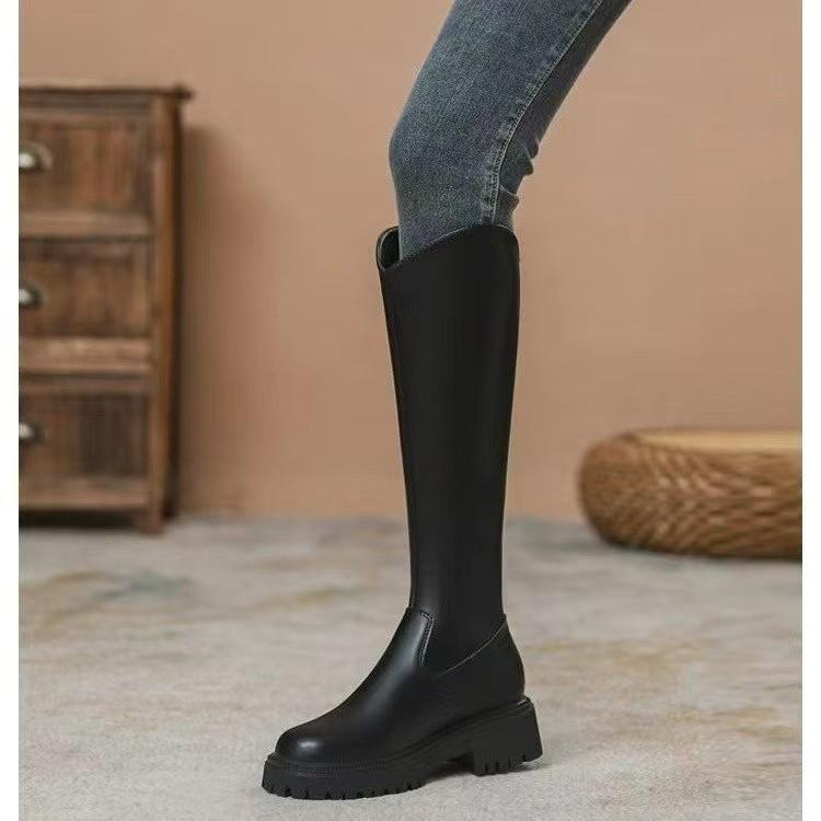 Small Man Long Barrel But Knee Height Boots Women's Knight Boots Black V-mouth High Boots Martin Boots Women
