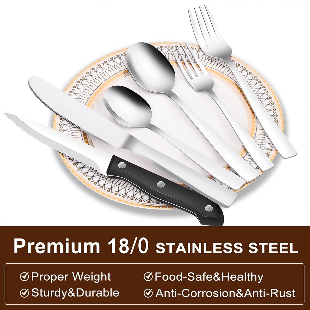 24-Piece Silverware Set Flatware Set for 4, Mirror Polished Stainless Steel with Steak Knives - Dishwasher Safe Kitchen Utensil Sets for Home,