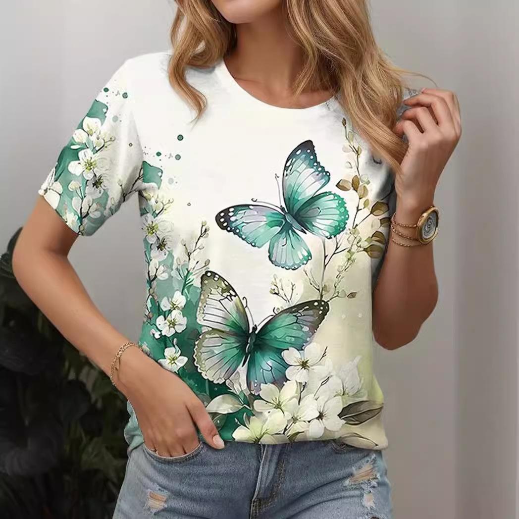 

Летний топ с круглым вырезом и 3D цветочным и бабочковым принтом, модная повседневная женская футболка с короткими рукавами 6XL