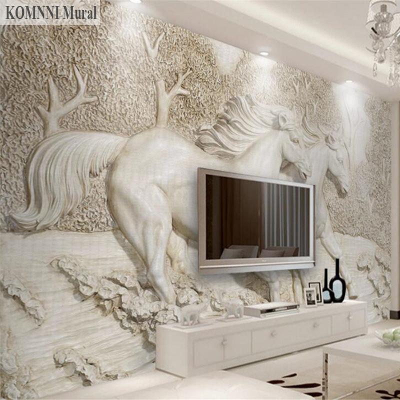 Europäisches 3D Stereo Relief Weißes Pferd TV 3D Wandpapiere Heimdekor Wandbild