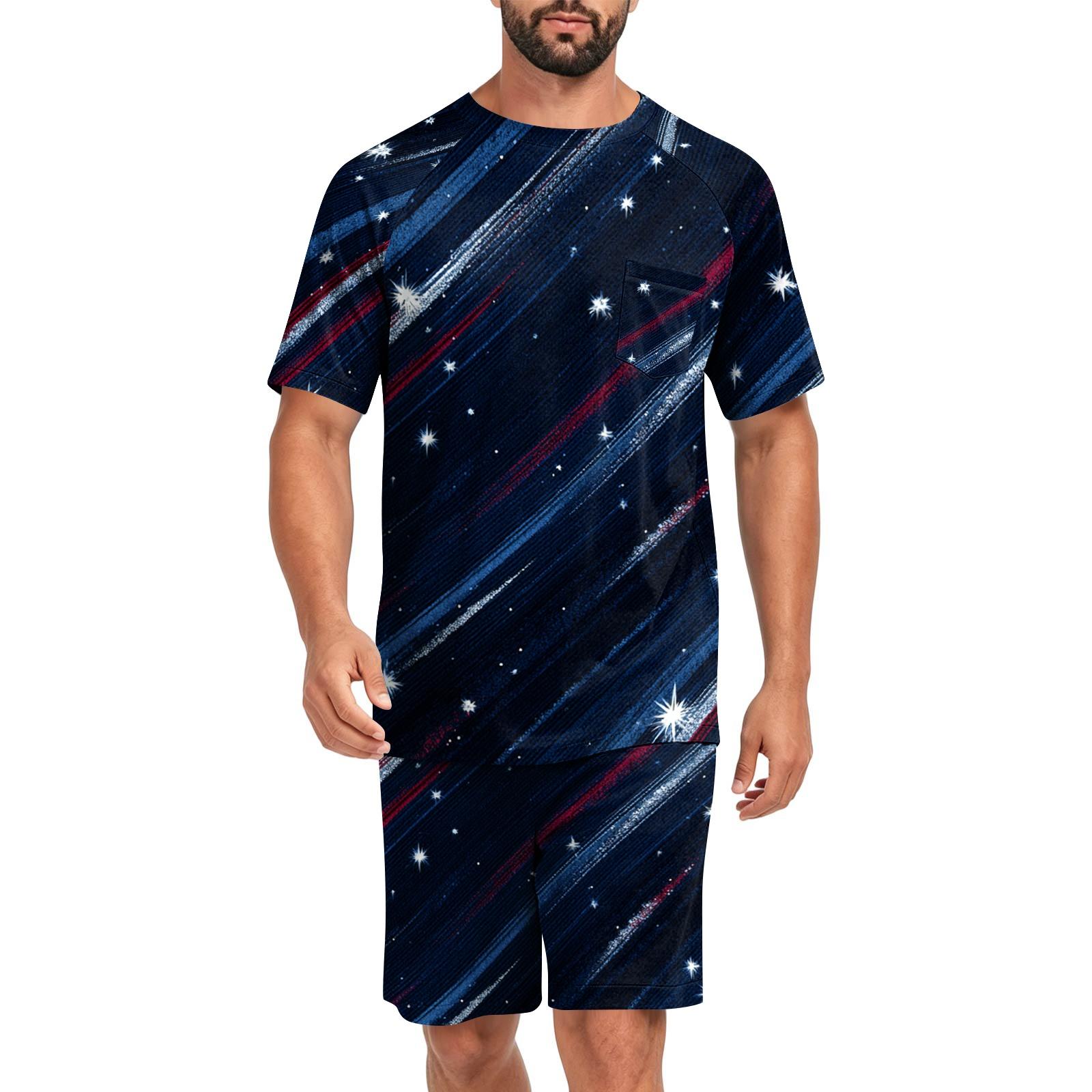 

Men s Short Sleeve Pajama Set Lightweight Breathable Sleepwear Top and Shorts Comfortable Summer Lounge Outfit S чёрный