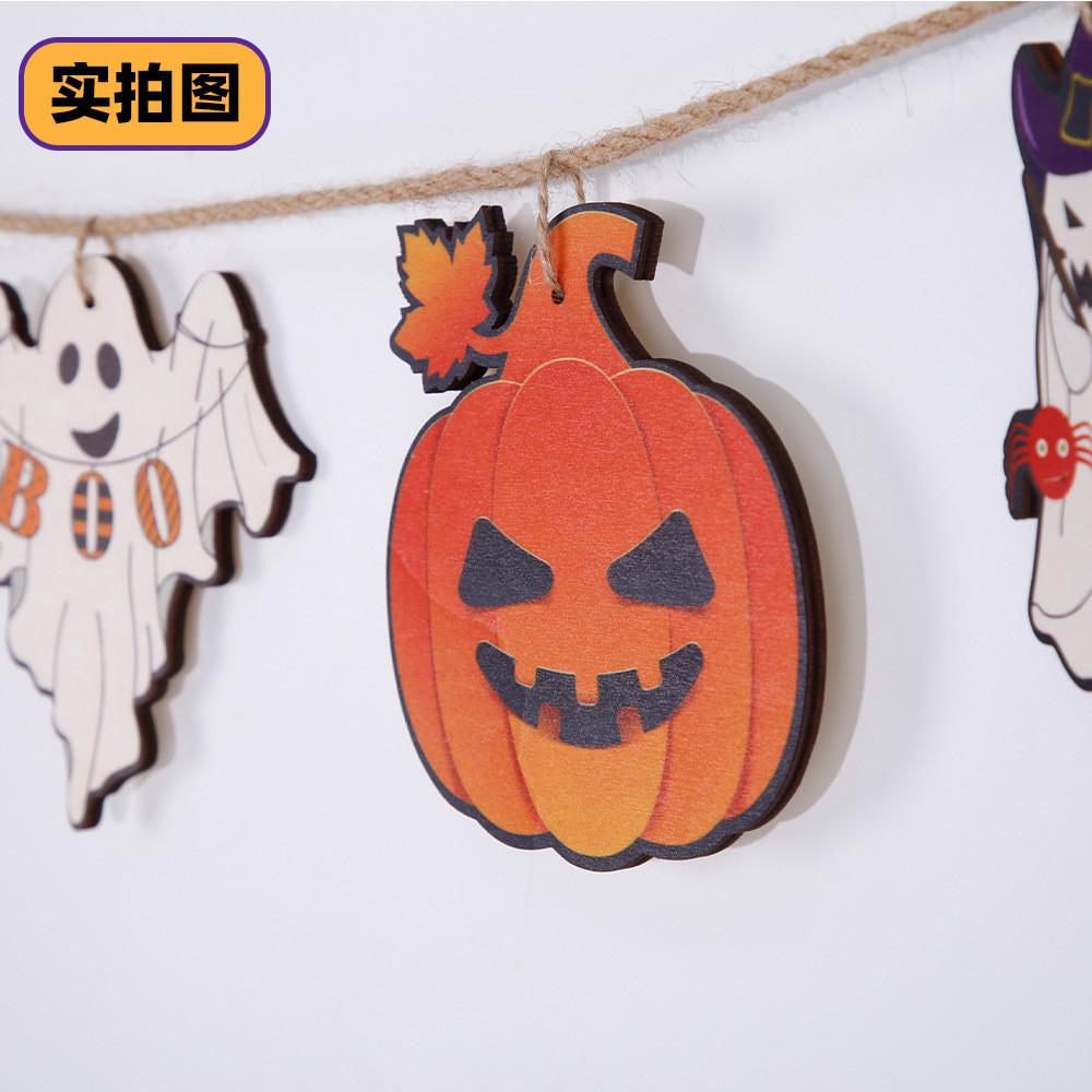 Themed Delightful Halloween Wooden Hanging Flag Decor With Ghosts Pumpkins And