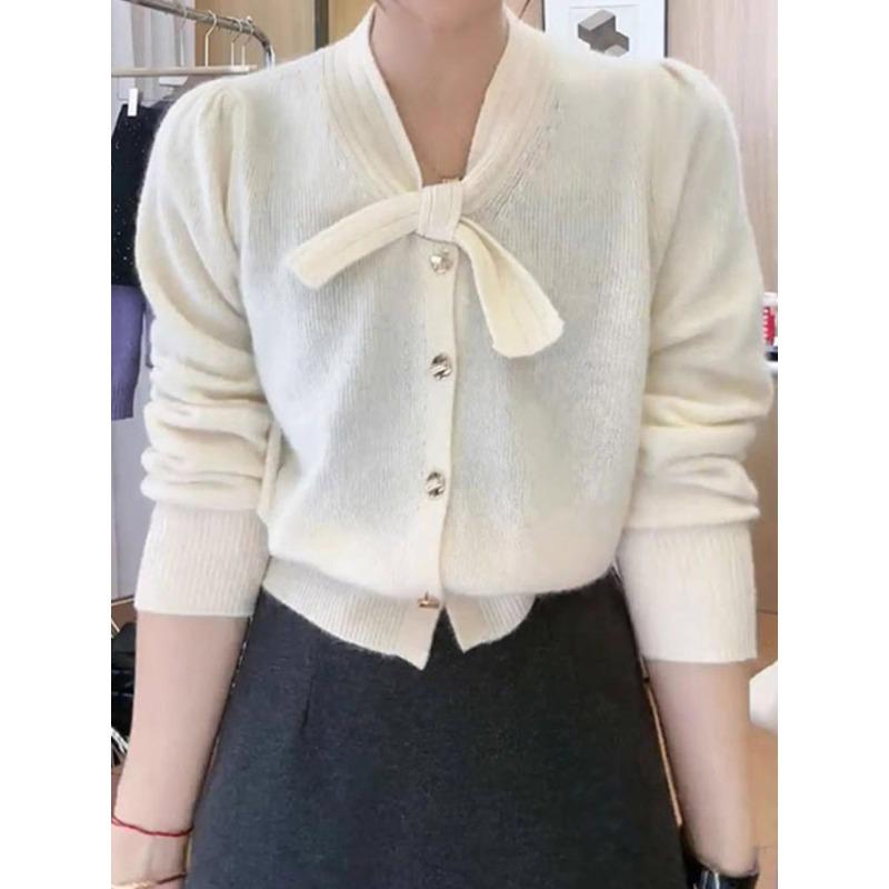 

Весенний новый простой и универсальный вязаный кардиган однотонный топ с бантом, с длинным рукавом, куртка-свитер One size