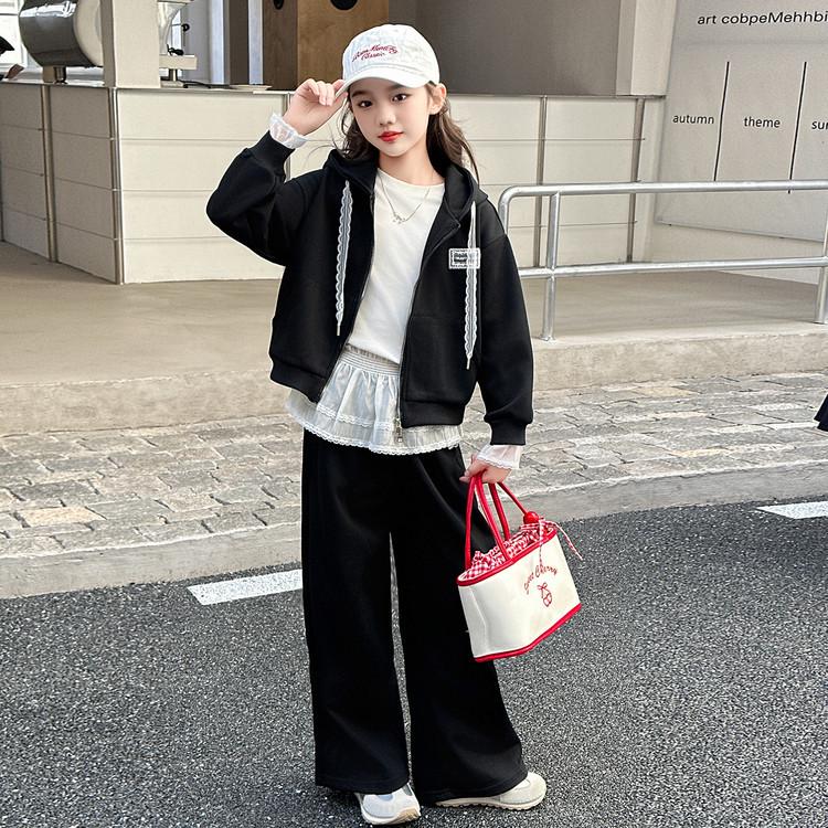 2025 New Style Girls' Hooded Sweatshirt & Wide-Leg Pants Two-Piece Set for Spring and Autumn