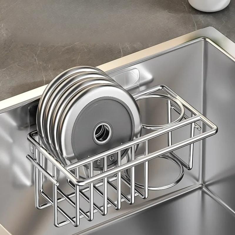 Wall-Mounted Stainless Steel Sponge Rack Multi-Functional Draining Storage Shelf Kitchen Organizer No-Installation Required