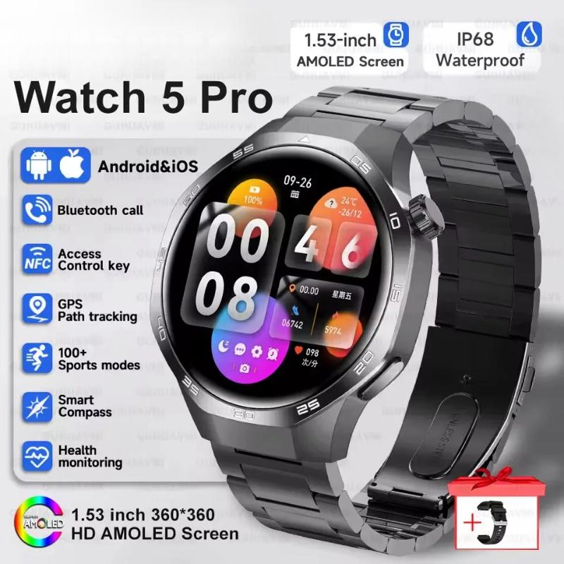 2026 New Watch GT5 Max Smart Watch HD AMOLED Screen NFC Bluetooth Call Health Waterproof Smartwatch Men Women For Huawei