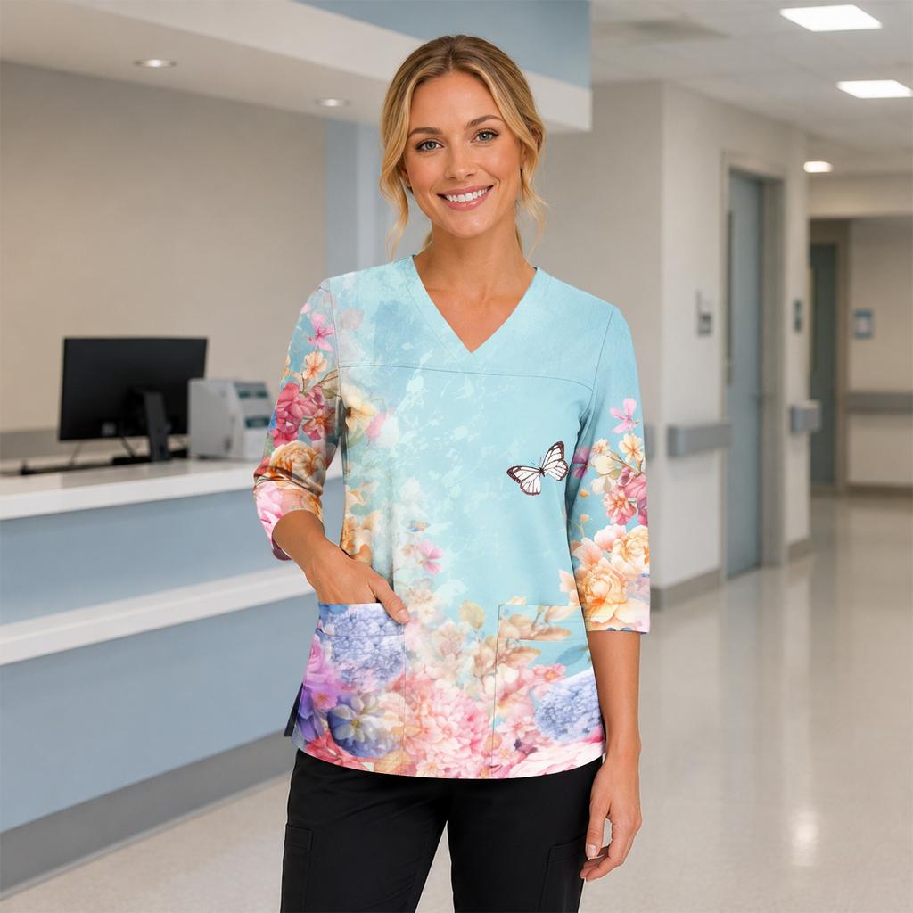 Women's Floral Print V-Neck Scrub Top with Pockets and Side Slits, Three-Quarter Sleeves