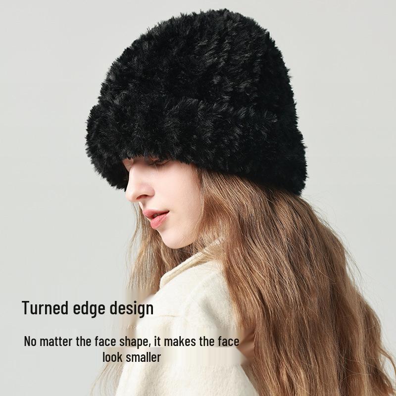 Women's Large Head Circumference White Knitted Wool Beanie - Fluffy, Warm, and Face-Slimming for Autumn and Winter