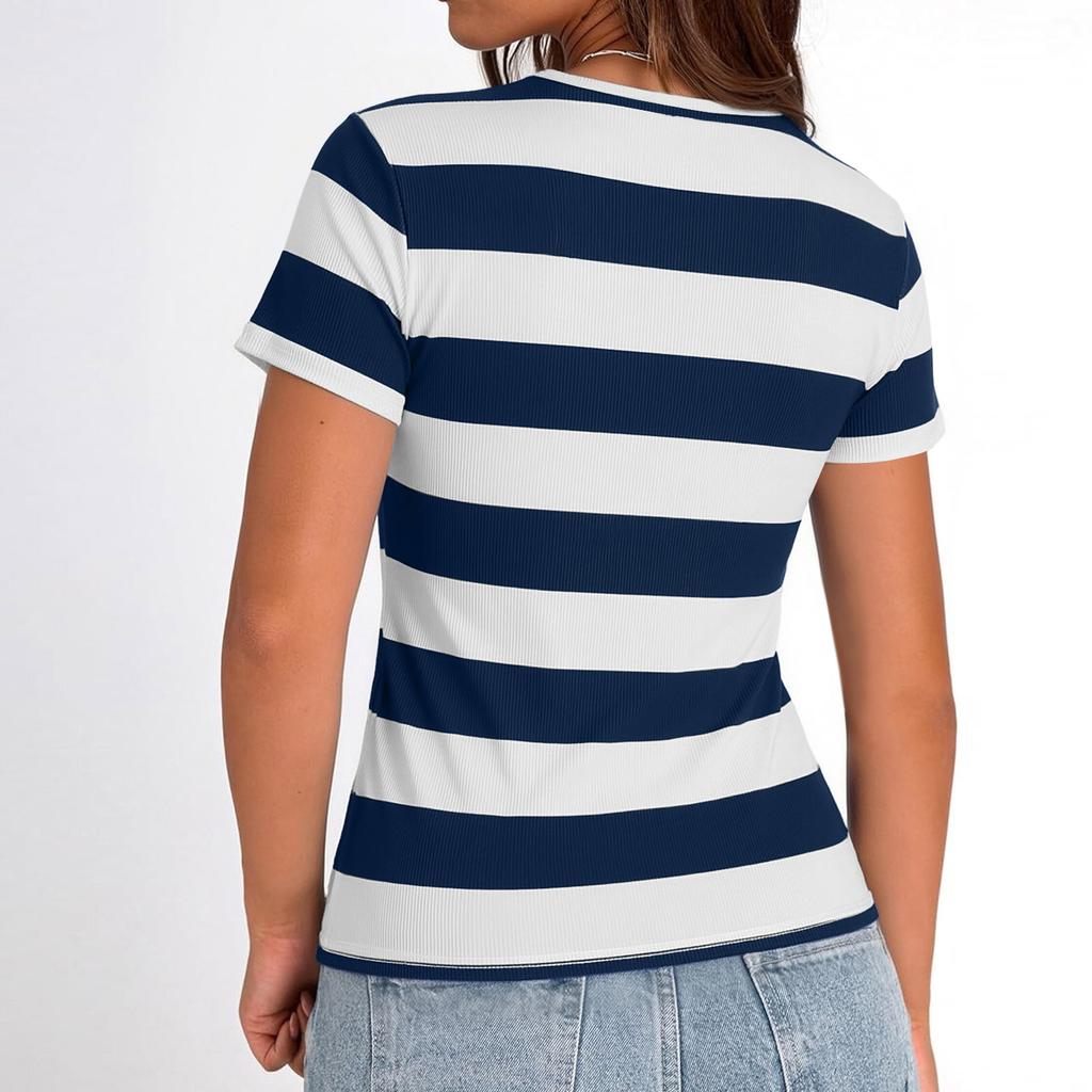 Women's Fashion Color Matching Short Sleeve Round Neck Zipper Top
