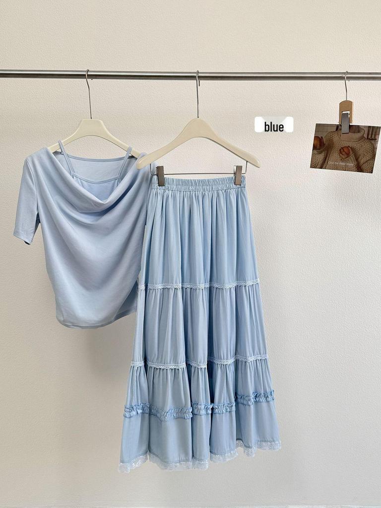 2026 Spring/Summer A-Line Wood Ear Lace Trimmed Mid-Length Skirt with Flowy Layered Hem