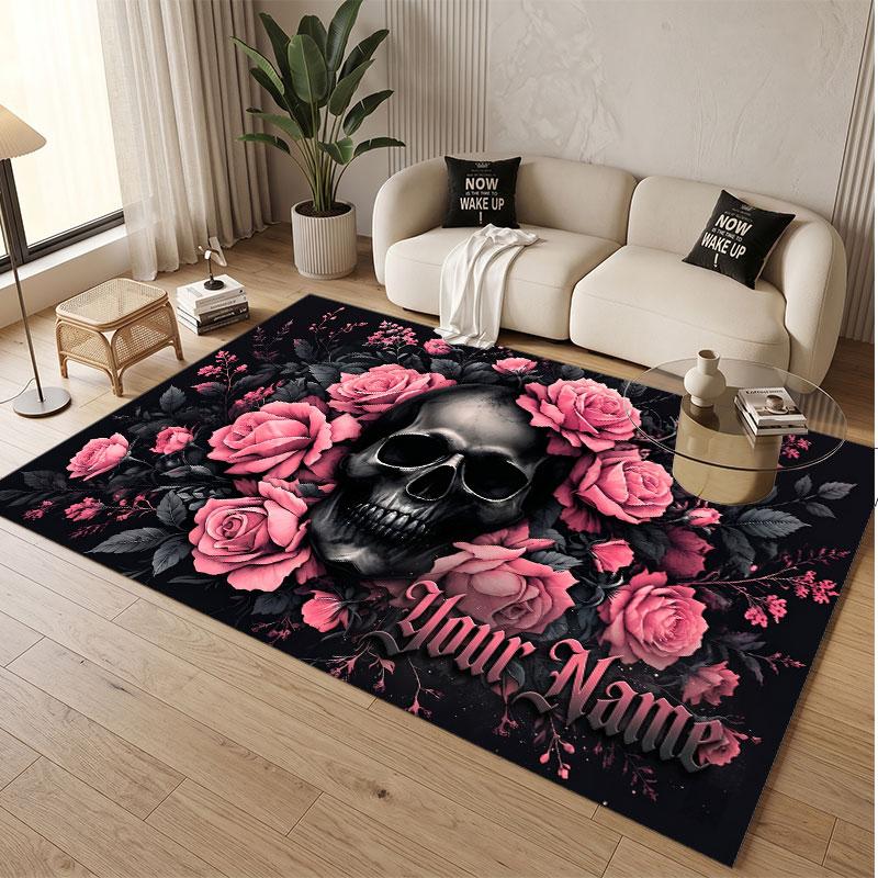 Skull Gothic Theme Soft Crystal Velvet Rug Custom Name & Text Print Non Slip Floor Rug for Bedroom Living Room