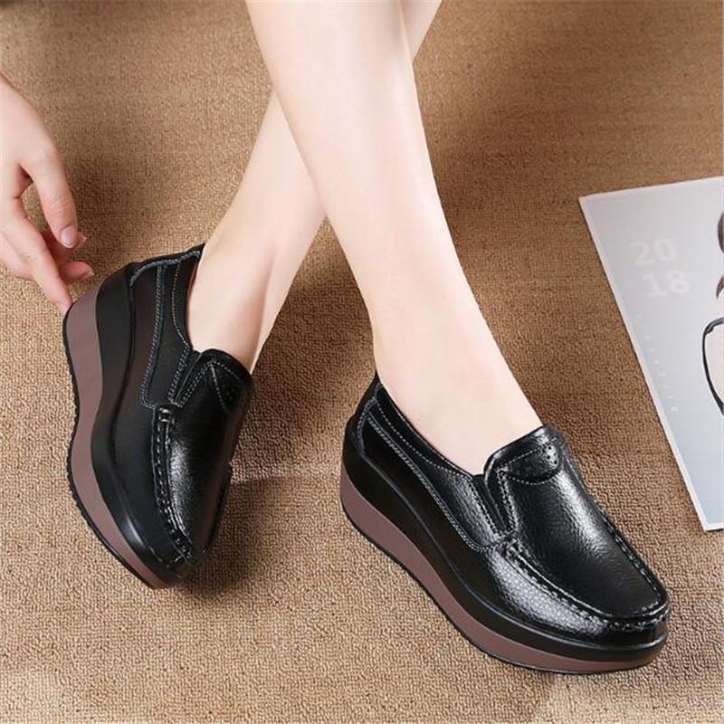 Fashion Spring Autumn Women Loafers Flats Ladies Genuine Leather Moccasins Slip-on Casual Round Toe Handmade Platform Wedges Shoes