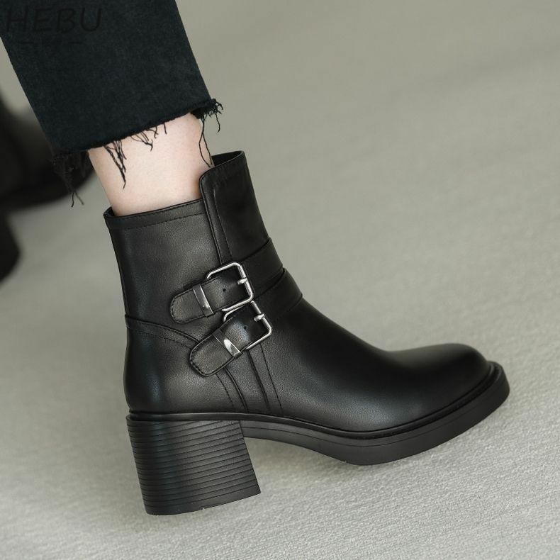 Womens Ankle Boots Fashion Belt Buckle Soft Leather Boots Plush Warm Winter Boots for Women Heel Casual Leather Boot Botas Mujer