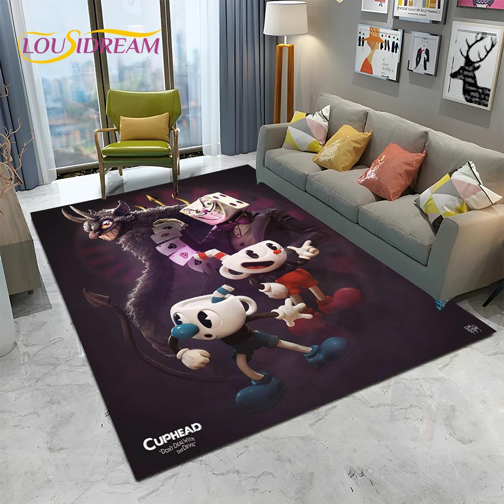 3D Cuphead Mugman Oyunu Gamer HD Halı Kilim Ev Oturma Odası Yatak Odası Kanepe Paspas Dekor, çocuk Oyun Alanı Kilim kaymaz Zemin Mat