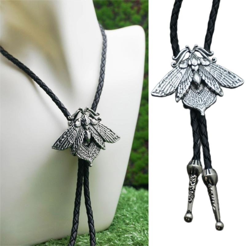Gothic Bolo-Krawatte für Herren, Cowboy-Krawatte, geflochtene Lederkette mit Totenkopf- und Mottenanhänger aus Metall, Schmuck, Hemdkette