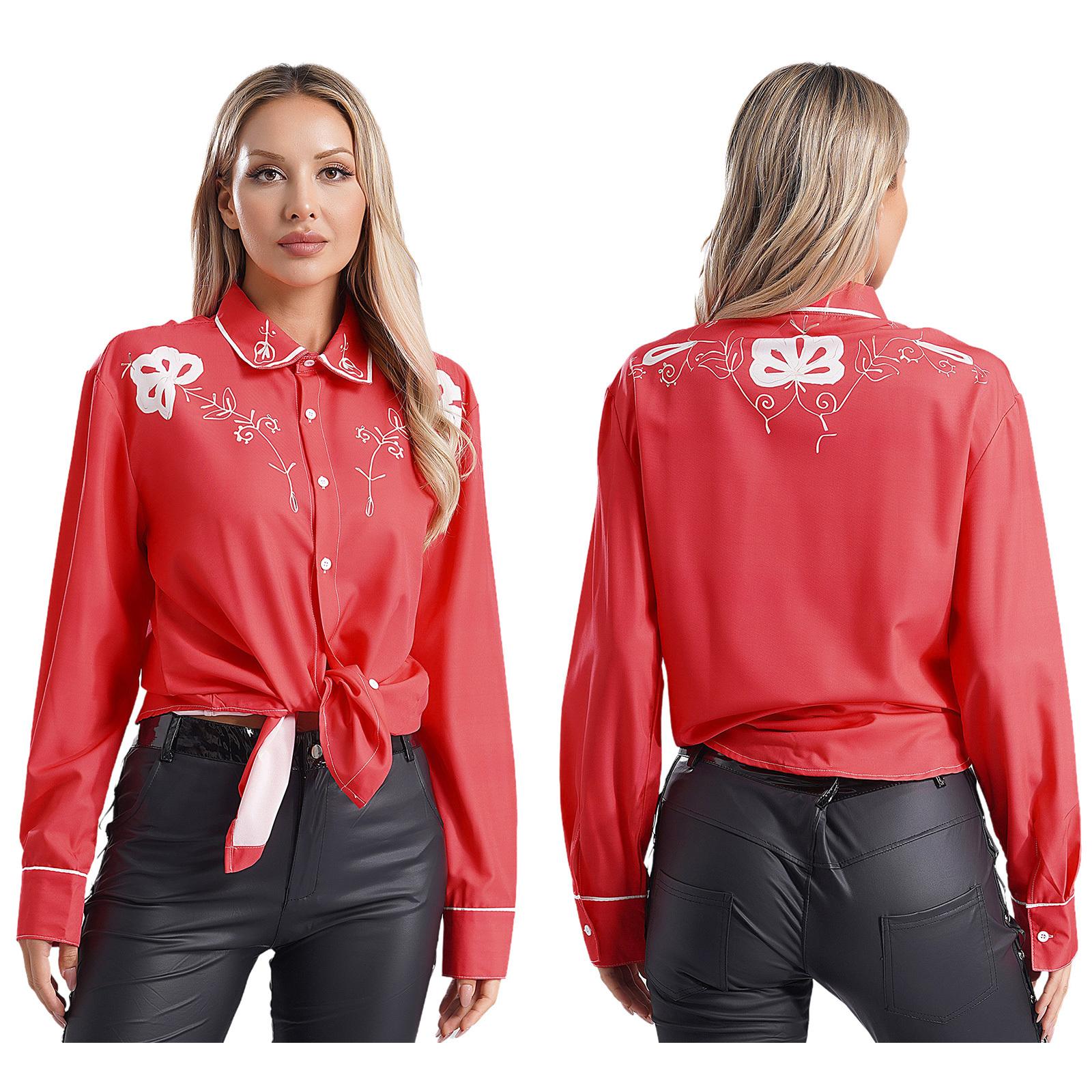 

Жіноча сорочка з довгими рукавами з ретро принтом Літні сорочки для відпочинку Повсякденні сорочки Верхня вінтажна пляжна сорочка Cowgirl Тематичний одяг для косплею для вечірок S червоний