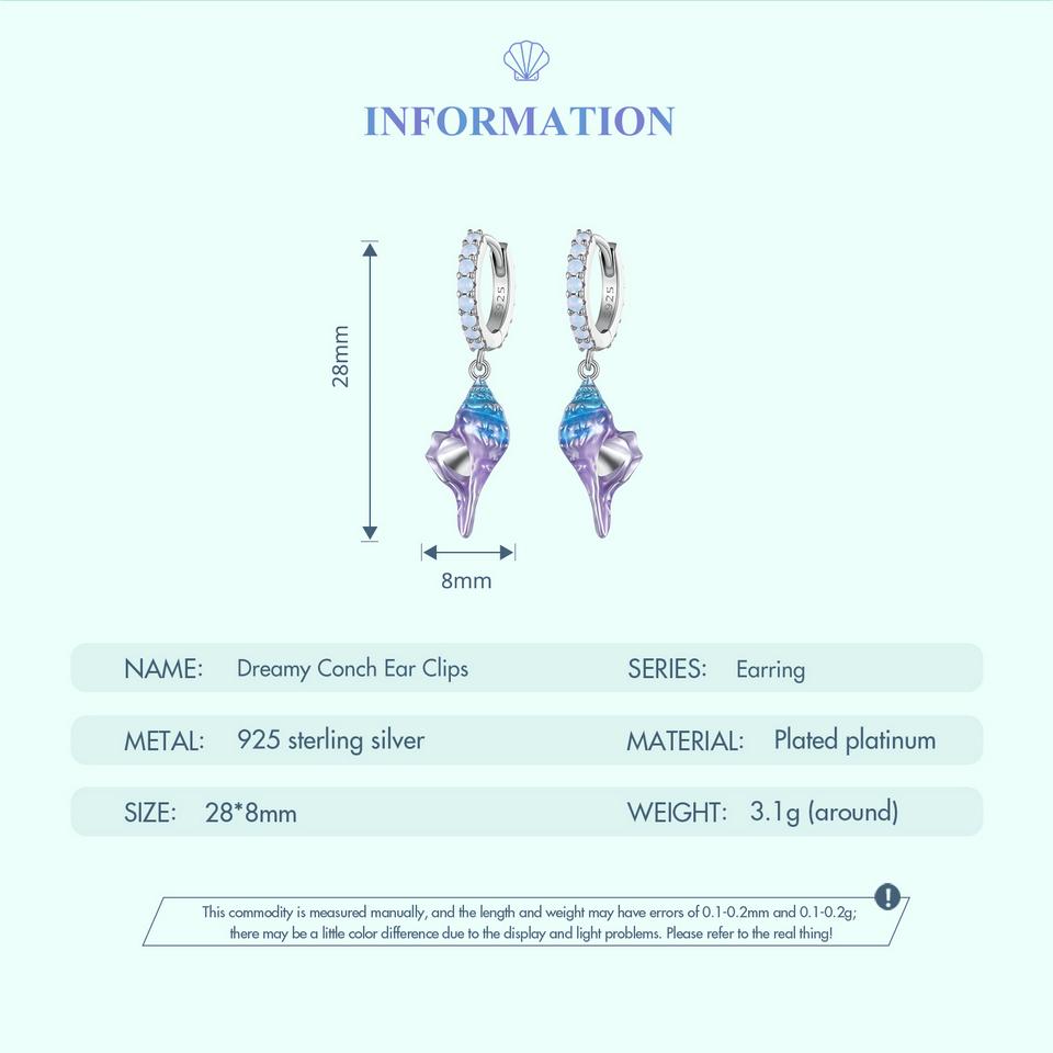 BAMOER 925 Sterling Silver Dreamy Gradual Change Blue Conch Ear Buckles Sea Shell Drop Earrings for Women Ocean Series Jewelry