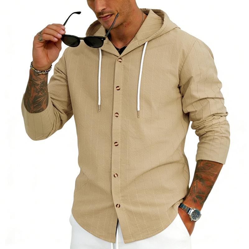 Men’s Linen Hooded T-Shirt, Casual Breathable Striped Shirt, Cardigan, Trendy Loose-Fit Top
