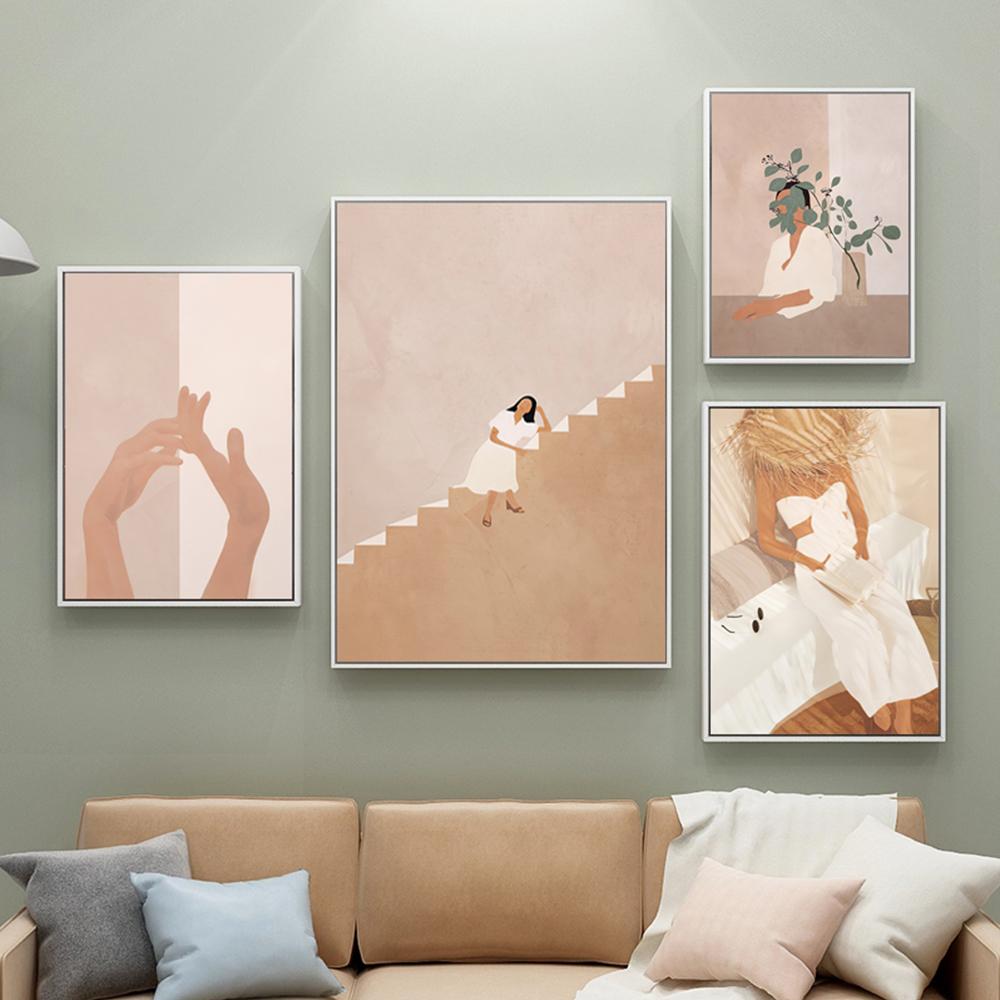 Boho Fashion Summer Woman Wall Art Beach Black Cat Canvas Painting Nordic Posters and Prints Pictures for Living Room Decor