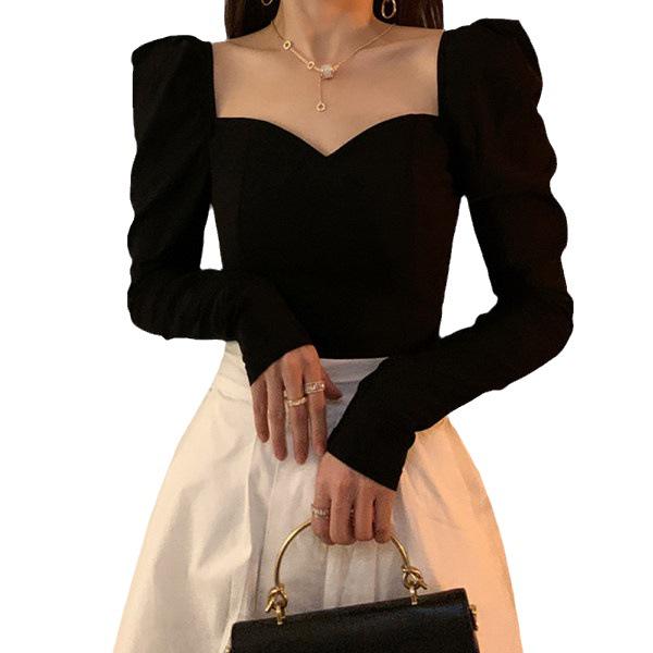 Square Neck Puff Sleeve Top - Women's Slimming French Retro Shirt