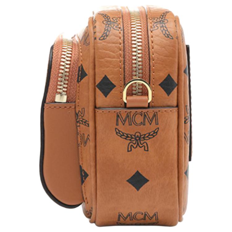 MCM Visetos Cognac Leather Camera Crossbody Bag with Gold Hardware for Daily & Travel Use