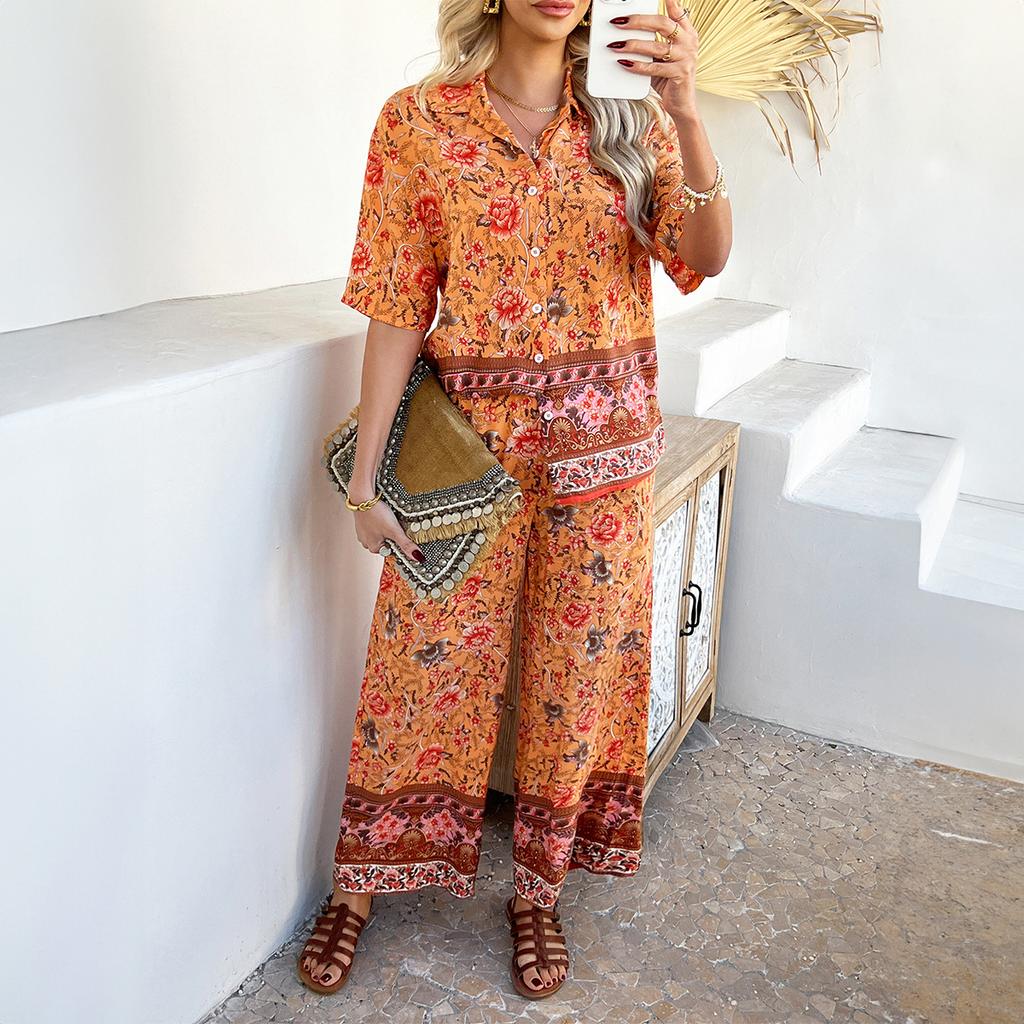 Women's Summer Print Contrasting Color Bohemian Vacation Short-sleeved Long Trousers Set