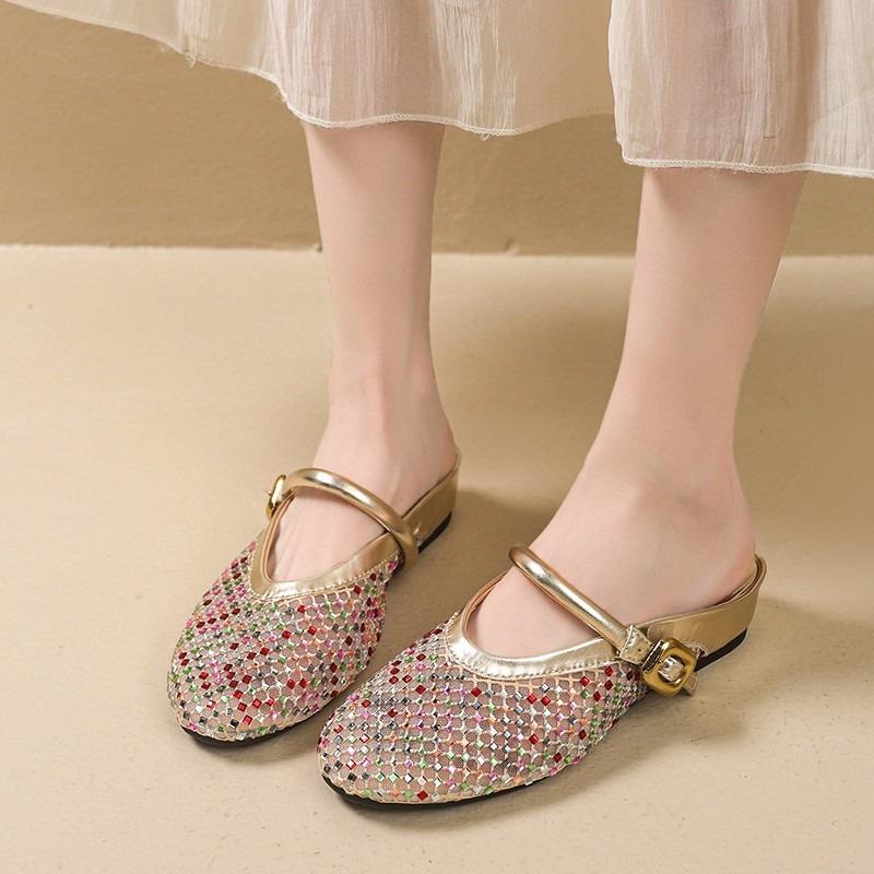 

Rhinestone Mesh Breathable Strap Flat Shoes Round Toe Shallow Mouth Soft Slip Anti-Slip Inside Heighten Wrapped Head Half Drag 35 золотой