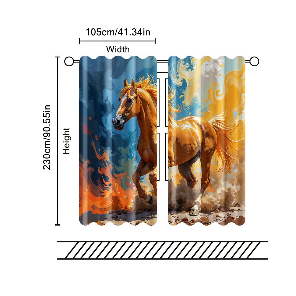 2 Pcs   Filtering Curtains (excluding Rods   Non-movable   Without Batteries) Colorful Horse for Use In Bedrooms and Living Rooms
