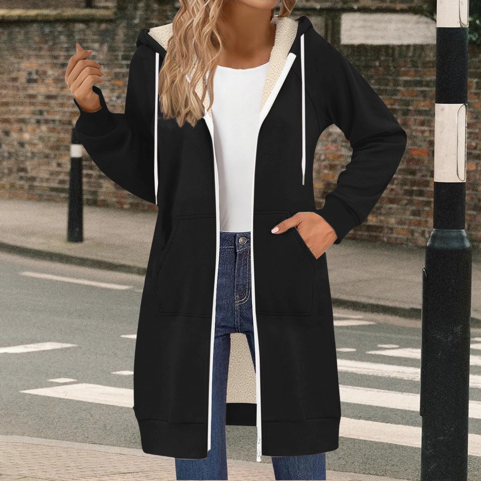 

Женское худи оверсайз на молнии со шнурком, с длинными рукавами и флисовой курткой XXL чёрный