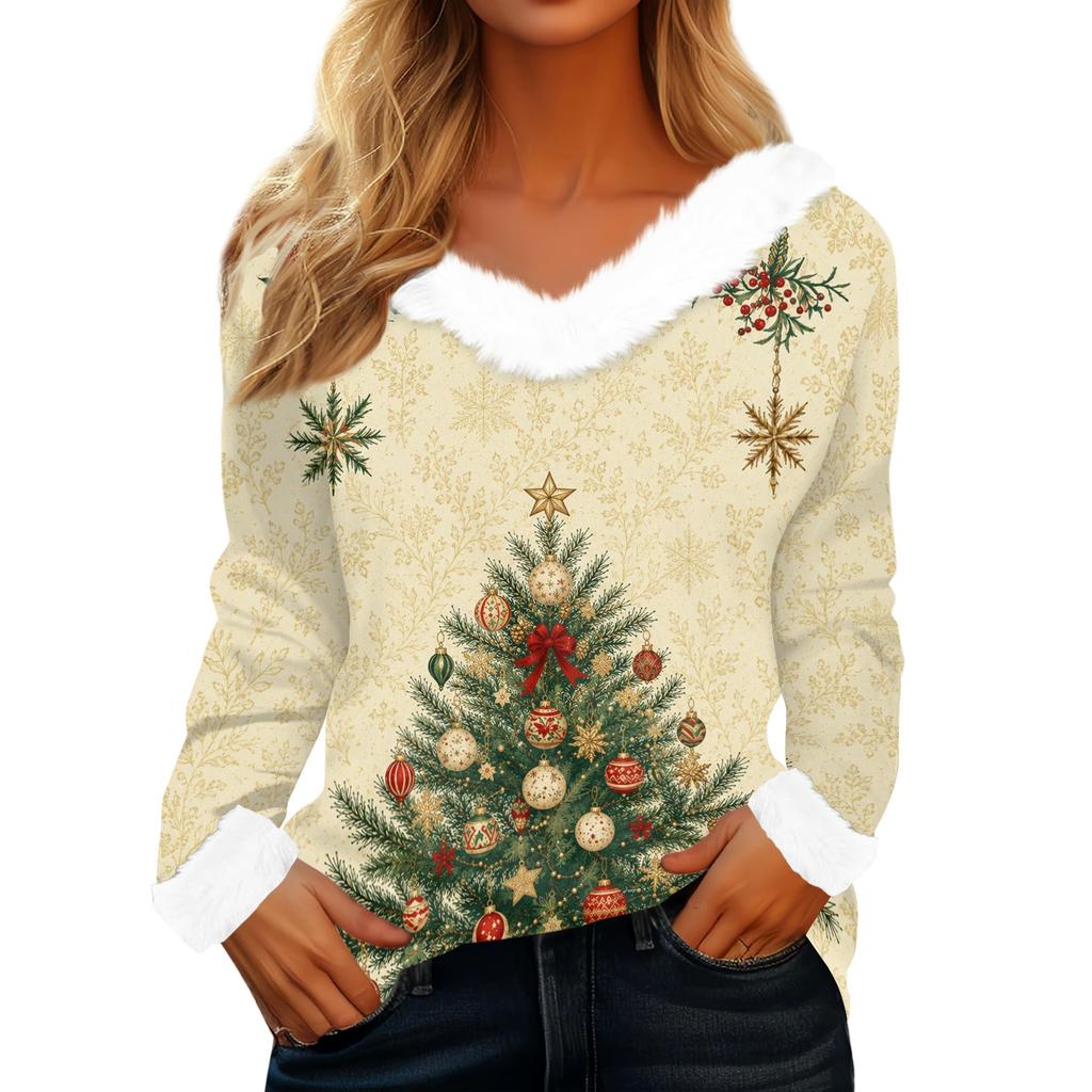 Women's Casual Christmas Print Long Sleeve Top with Plush Collar for Winter