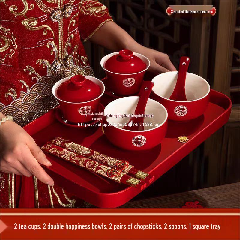 Complete Wedding Tea Set: Red Bowls, Cups with Lids, and Chopsticks for Happy Events