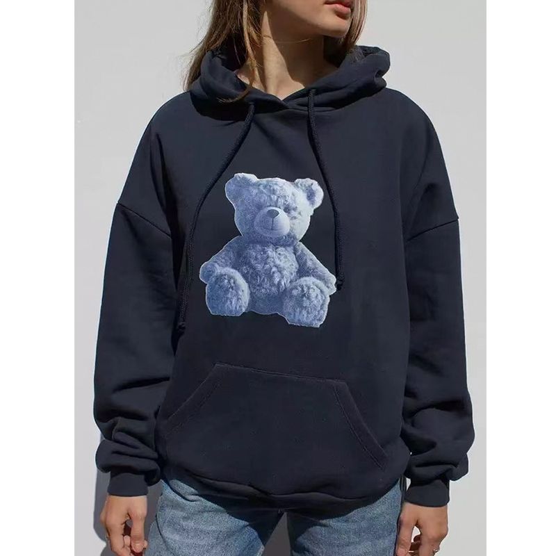 Fall 2025 New Arrival New Arrival Women's Blue Bear Printed Hoodie Dark Blue Lazy Coat