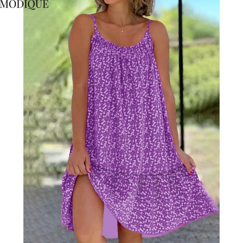 MODIQUE 2025 Summer Plus Size New Women's Loose Casual Hot Floral Halter Long Dress Ladies Folk Multiple Colors O-Neck Dress