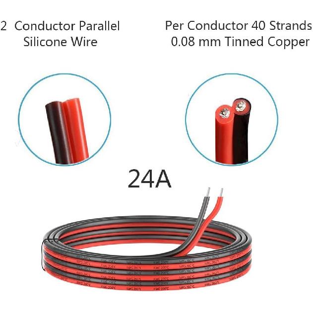 24 Gauge Silicone Electric Wire, EvZ 33ft 24AWG Flexible 2 Conductor Parallel Cable, 2pin Red Black, High Temperature Resistant, Single Color LED
