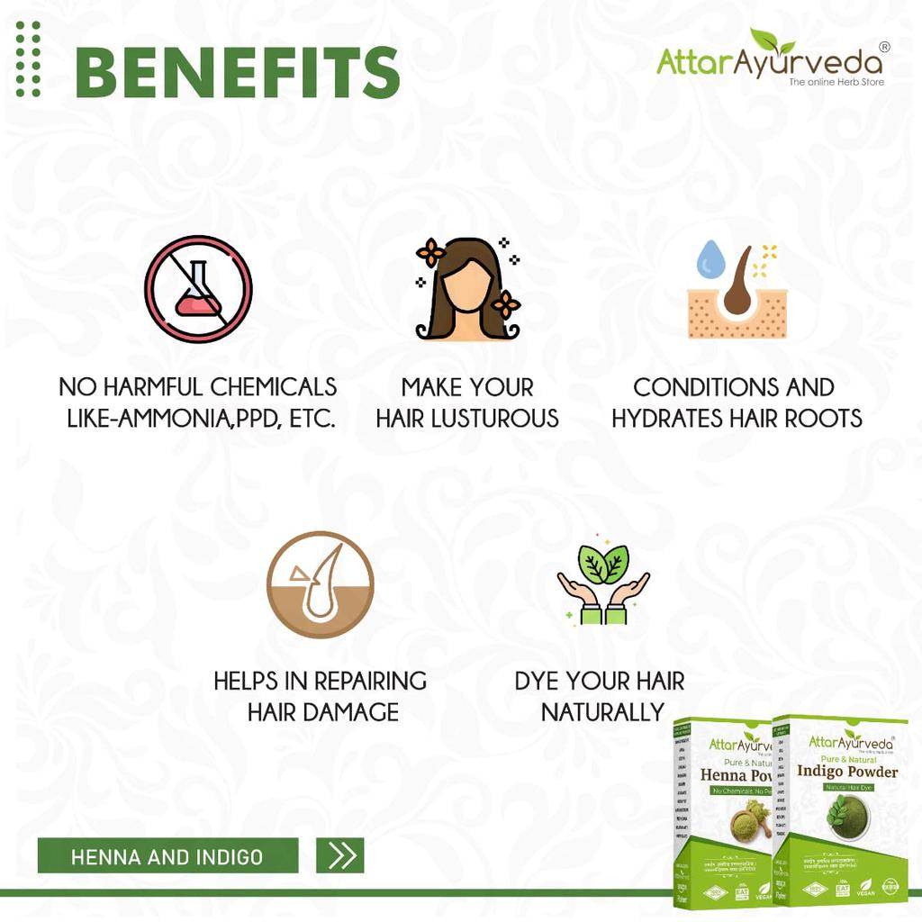 Attar Ayurveda Natural Hair Color Powder Kit Henna Indigo Combo Pack For Black Brown Shades Chemical Free Hair Dye 200 G X  Pack of 2